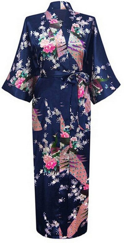 KIMU® Kimono Donkerblauw 3/4 - Maat XS-S - Yukata Satijn Onder de Knie - Driekwarts Donkerblauwe Ochtendjas Japanse Kamerjas Sexy Satijnen Badjas Bloe Festival