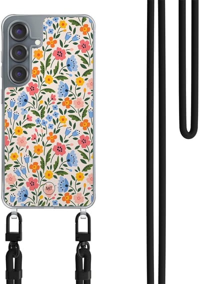 Hoesje met koord geschikt voor Samsung Galaxy S25 - Romantische bloemen - Inclusief Zwart koord - Crossbody beschermhoes - Transparant, Multi - Mooie Telefoonhoesjes