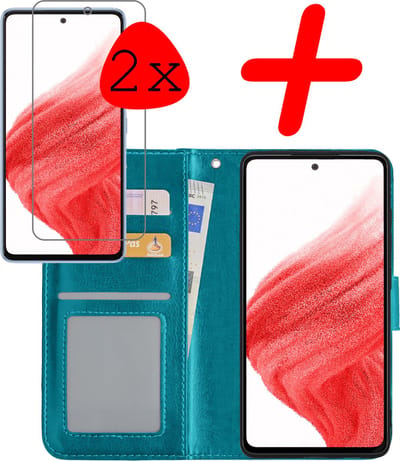 Hoesje Met 2x Screenprotector - Geschikt voor Samsung Galaxy A53 - Luxe Pasjeshouder - Bookcase Portemonee - Flip Case - Kunstleer Book Case - Flipcase Hoes - Book Cover - Walletcase - Portemonneehoes - Turquoise