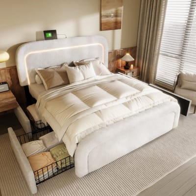 VVBV Gestoffeerd Opbergbed 160x200 cm - LED-Verlichting, 4 Lades en USB, Lattenbodem - Hout Wit - Zonder Matras