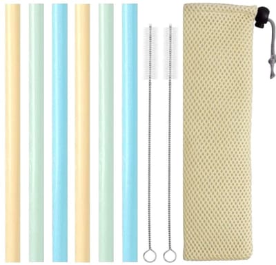Fako Bijoux - Siliconen Rietjes XL Set - 6 Herbruikbare XL Rietjes - 25 cm - 11mm - 2 Schoonmaakborstels - Mesh Zakje