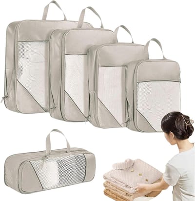 Reiscompressiezakken - Ruimtebesparende zakken - Bagage organiseren - Waterdicht ontwerp - 34x24x3 cm - Beige