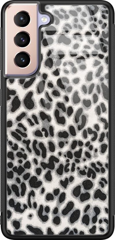 Hoesje geschikt voor Samsung Galaxy S21 - Luipaard grijs - Luxe Glazen Hardcase - Luipaardprint - Grijs