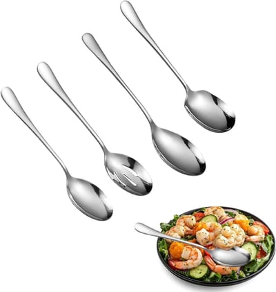 Set van 4-delige saladebestek, serveerlepel en grote roestvrijstalen lepel voor thuis en restaurants, ideaal voor salades en buffetten