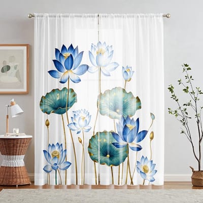 2 Stuks HD Digitaal Blauwe Lotus Gedrukt Raamvalletje Woondecoratie Stijl Decoreren Woonkamer Slaapkamer Roede Gordijn Effect W52H63inchW132H160cm white