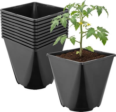 Garronda Set van 10 afgeronde vierkante kunststof kweekpotten met drainagegaten voor tuin (Zwart, 15,7 x 15,7 x 16 cm (3L)) GD-KW-SR