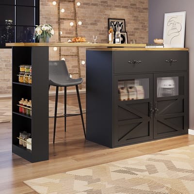 Wishdor - Bartafel - Uitschuifbaar en 360 graden draaibaar - Met opbergruimte en lade - Modern - Eetkamer en kantoor - Houtlook en acryl - Zwart - 138-204 x 39 x 104 cm