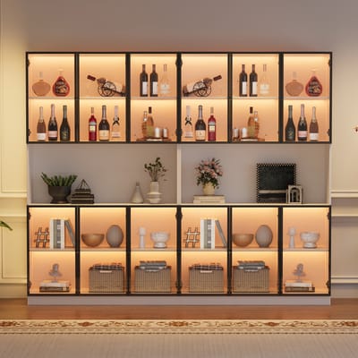 Vitrinekast - 240 x 34 x 200 cm - Grote Wandkast met LED - 12 Deuren en Open Vakken - Glas - Wit