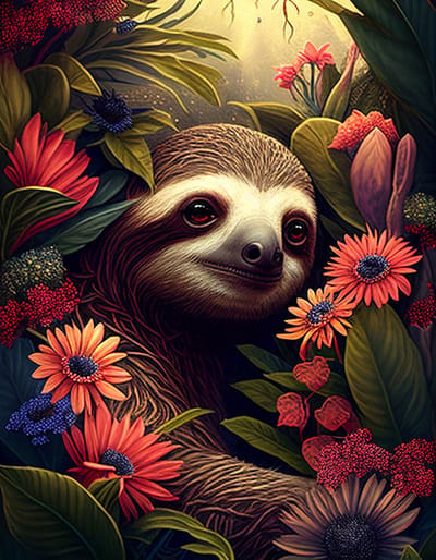 AI - Woondecoratie - Poster - Dieren - Luiaard - Bloemen en jungle - 36 - 70 x 100 cm