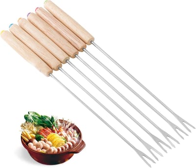 Set van 6 RVS Fondue Vorken met Houten Handvat - Hittebestendige Vorken voor Chocolade en Kaas
