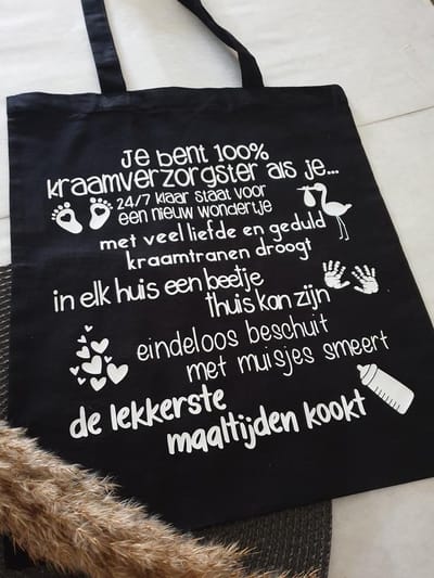 Mint11 - Katoenen tas zwart - Kraamverzorgster - cadeau voor kraamhulp - kraamweek - baby -