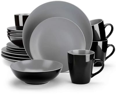 Serviesset - 4 Persoons Servies - Keramiek - Diner- en Dessertborden, Kommen en Kopjes - 16-delige Set - Zwart - Lichtgrijs