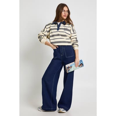 boohoo Dames Hoge Taille Voorzak Wijde Pijpen Jeans | Indigo | Maat: 34