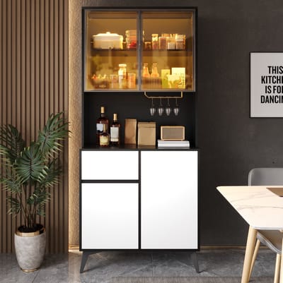 HAUSS SPOLE Buffetkast - Met Ledverlichting En Glazen Deuren - Met Lade En Open Vak Voor Eetkamer En Woonkamer - MDF - 80x40x180 Cm - Zwart Wit