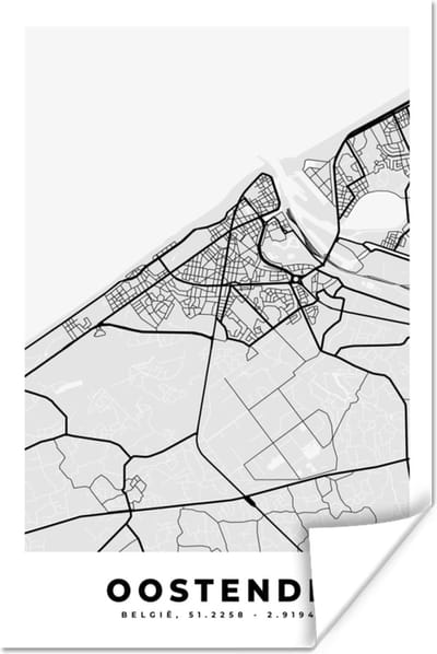 Poster België – Oostende – Stadskaart – Kaart – Zwart Wit – Plattegrond - 120x180 cm XXL