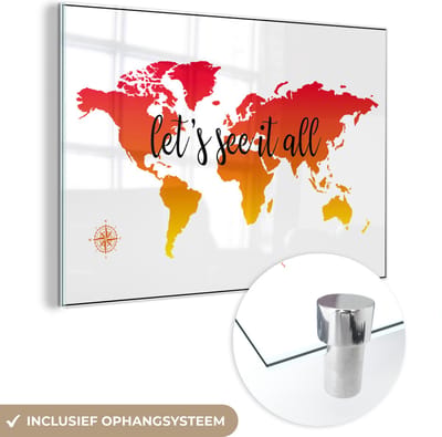 ® Glasschilderij 150x100 cm - Schilderij acrylglas - Wereldkaart - Zonsondergang - Kompas - Foto op glas - Muurdecoratie woonkamer - Wanddecoratie slaapkamer - Schilderijen