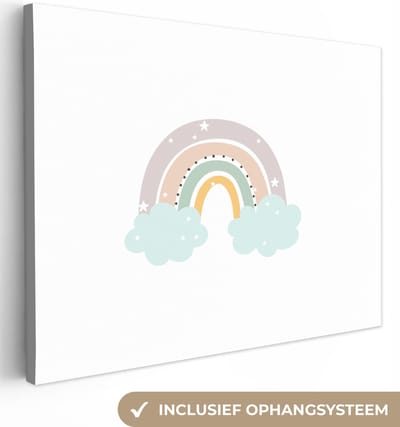 Schilderij voor kinderen - Kinderkamer decoratie - Regenboog - Sterren - Stippen - Kinderen - Canvasdoek kinderen - Muurdecoratie - 40x30 cm