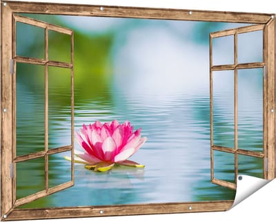 Gards Tuinposter Doorkijk Roze Lotusbloem op het Water - 150x100 cm - Tuindoek - Tuindecoratie - Wanddecoratie buiten - Tuinschilderij