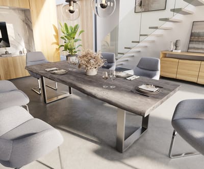 Eettafel Edge acacia platina 260x100 XL edelstaal smal Live-Edge