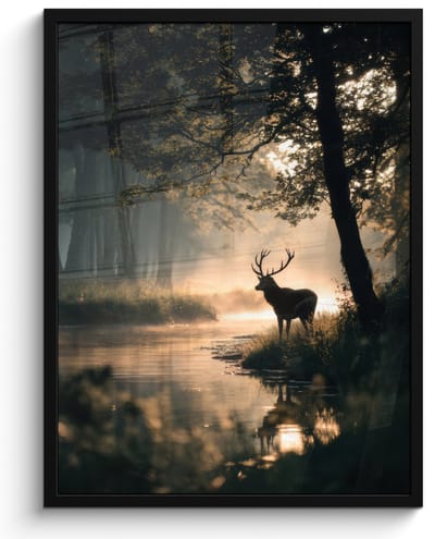Poster in lijst - Fotolijst 60x80 cm - Posters - Hert - Bosbeek - Mystiek - Posterlijst zwart - Decoratie - Wanddecoratie woonkamer - Muurdecoratie slaapkamer