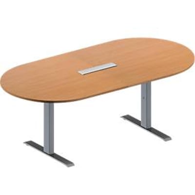 Schäfer Shop Genius Vergadertafel MODENA FLEX, in hoogte verstelbaar, 6-voudige contactdoos, ovale vorm, T-poot rechthoekige buis, B 2000 x D 1000 mm, beukenpatroon