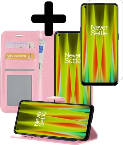 Hoesje - Met Screenprotector - Geschikt voor OnePlus Nord CE 2 - Luxe Pasjeshouder - Bookcase Portemonee - Flip Case - Kunstleer Book Case - Flipcase - Book Cover - Walletcase - Portemonneehoes - Telefoonhoesjes - Lichtroze