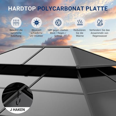 Tuinpaviljoen 3x4m Hardtop Aluminium met Polycarbonaat Dak – Waterdicht UV99% Dubbel Dak met Gordijnen en Muggennet – Luxe Overkapping Grijs | Laura