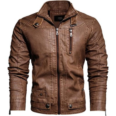 Leren Jas Heren Leren Jas Grote Maat Slim Motorfiets PU Met Fleece Leren Jas 5XL brown