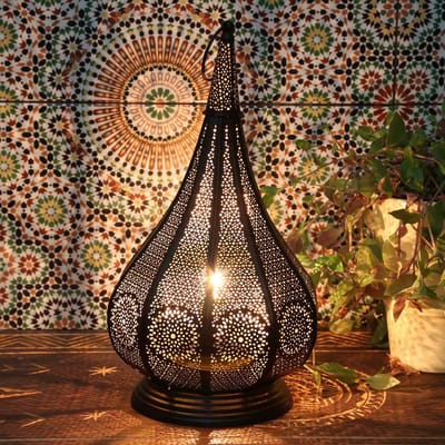 Oosterse lamp Monza zwart 37 cm hoog met 2 schoteltjes | 2in1 | Marokkaans windlicht | oosterse decoratie