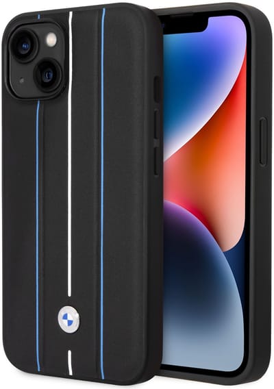 BMW iPhone 14 Plus & 15 Plus Backcover hoesje - Blue Leather Signature - Hot Stamp Lines - Zwart