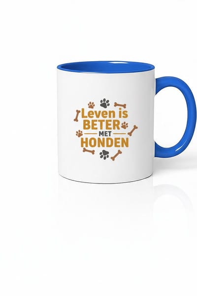 Leven Is Beter Met Honden Mok 330ml – Witte Keramische Koffiemok met Blauwe Oor – Hondenliefhebber Cadeau met Pootjes & Botten Design