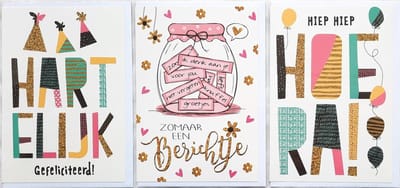 3 Wenskaarten - Zomaar een Berichtje + Hiep Hiep Hoera + Hartelijk Gefeliciteerd - 12 x 17 cm – ZOM-302