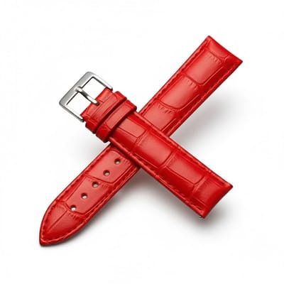 Rood horlogebandje 12 mm geschikt voor dames en heren met krokodillenlook structuur en zilverkleurige gesp, smal vervangend horloge bandje met stiksel