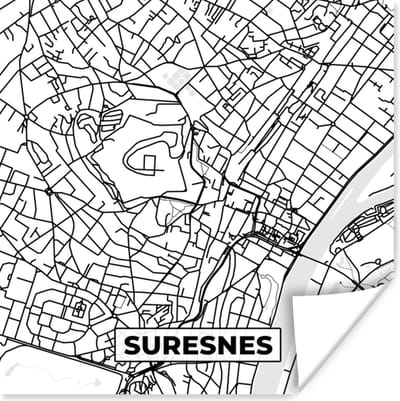 Poster Frankrijk – Plattegrond – Stadskaart – Suresnes - Kaart - Zwart wit - 100x100 cm XXL