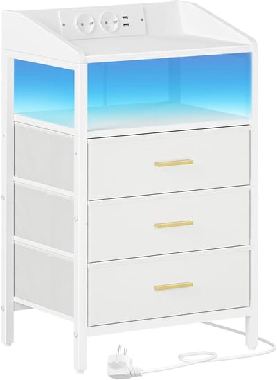 Hutjemutje - nachtkastje - bijzettafel - met LED-verlichting & oplaadstation - met 3 stoffen laden & planken - met USB-poorten & stopcontacten - wit