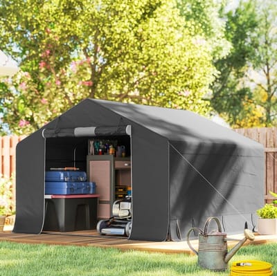 MEUNIQ Opslagtent 3 x 3 m garagetent met stalen frame, ritsdeur, zijventilatie en raam, draagbare fietstent voor tuinspullen, motor of brandhout, donkergrijs