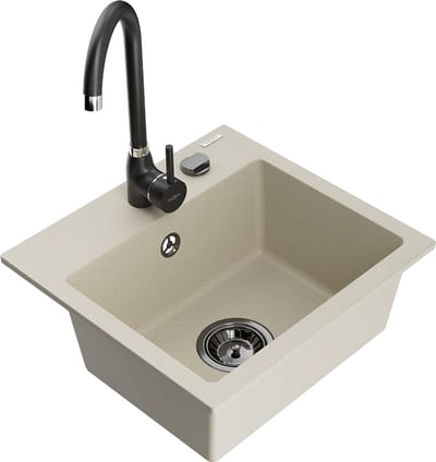 Mexen Milo granieten spoelbak 1-komorige met keukenmengkraan Telma, beige - 6505-69-670200-70
