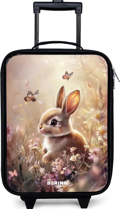 NoBoringSuitcases.com® - Kinderkoffer jongen - Kindertrolley meisje - Bloemen - Bruin - Konijntje - Vlinder - Koffer kind lichtgewicht - Reiskoffer trolley voor kinderen - Koffertje met lichtgevende wieltjes - Rolkoffer zwart