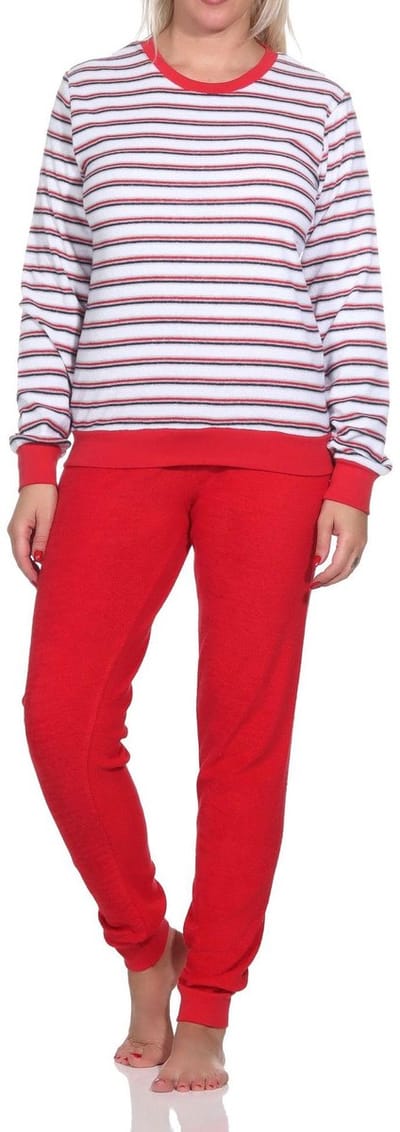Dames Badstof pyjama met lange mouwen en manchetten - blokstreep-look - ook in overmaten