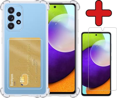 Hoesje - Geschikt voor Samsung Galaxy A52 - Met Screenprotector - Pashouder - Kaarthouder - Back Cover - Telefoon Hoes Shockproof - Siliconen Case - Shock Proof - Pasjes Houder - Telefoonhoes - Transparant