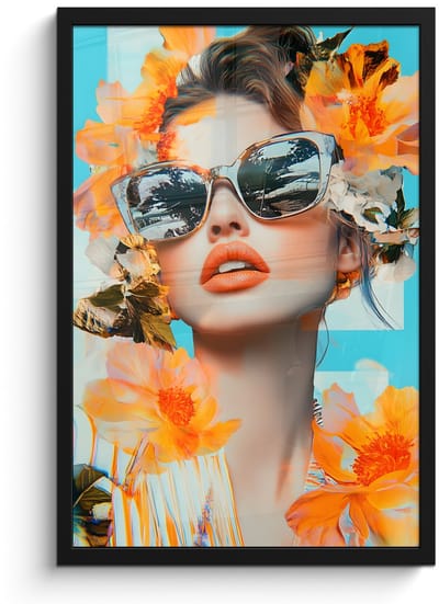 Poster in lijst - Fotolijst 40x60 cm - Posters - Bloemen - Vrouw - Zonnebril - Blauw - Posterlijst zwart - Decoratie - Wanddecoratie woonkamer - Muurdecoratie slaapkamer