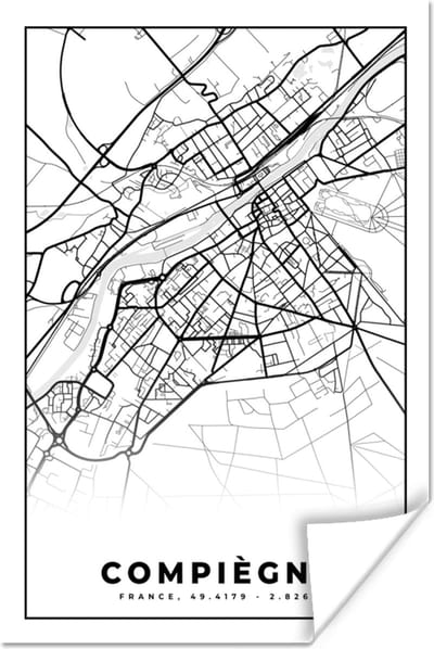 Poster Plattegrond - Compiègne - Frankrijk - Stadskaart - Kaart - Zwart wit - 120x180 cm XXL