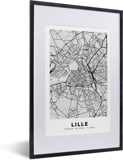 Fotolijst incl. Poster - Plattegrond - Lille - Stadskaart - Kaart - Frankrijk - 40x60 cm - Posterlijst