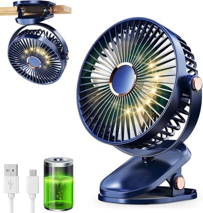 USB Ventilator - 5 Snelheden met Verlichting - Clipventilator met LED - Ventilator met clip - Tafelventilator - Stille Mini Fan - Draadloze ventilator - Klein, Stil & Geruisloos - 360° Draaibaar - 1200 mAh - Voor Thuis, Kantoor, Kinderwagen, Kamperen