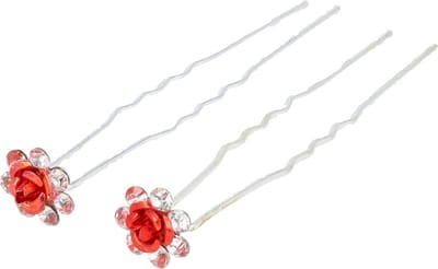 Haarsoires Haarspeld Haarpinnen 7cm - Bloem Strass Steentjes - Rood Zilver - Set van 2 - Sierpinnen voor Opsteekkapsels - Hair Pins
