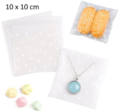 100 Stuks Zelfklevende Verpakkingszakjes – Frosted Polkadot Cadeauzakjes | Hersluitbare Snack- & Koekjeszakjes | Feestelijke Geschenkverpakking voor Snoep, Bakproducten & Kleine Geschenken – 10 x 10 cm