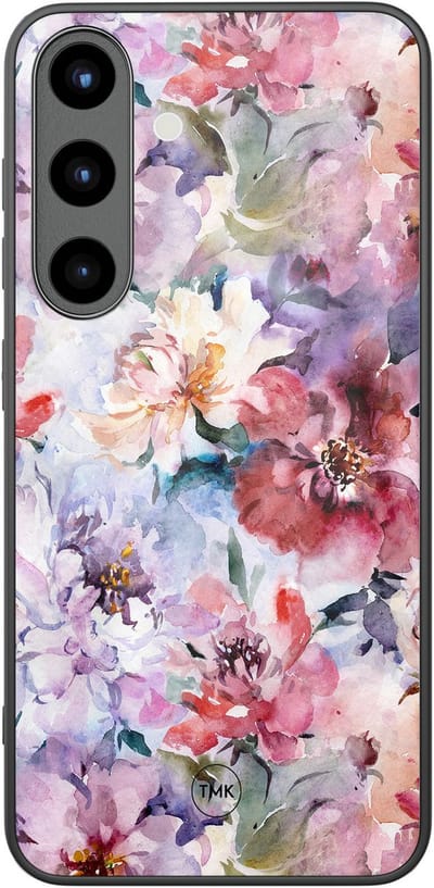 Hoesje geschikt voor Samsung Galaxy S25 - Bloemen acryl - Paars - TPU luxe case (glossy toplaag) - Bloemen - Hardcase backcover zwart