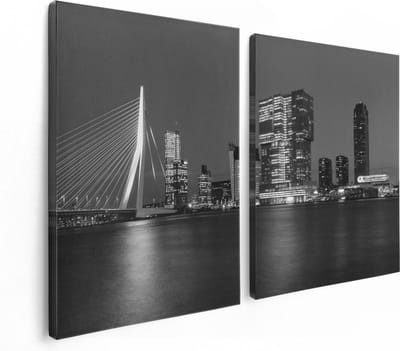 Artaza Canvas Schilderij Tweeluik Rotterdamse Skyline - Zwart Wit - 120x80 - Foto Op Canvas - Canvas Print