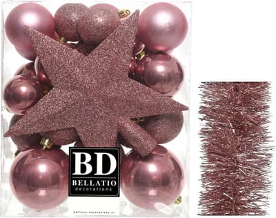 Kerstversiering kunststof kerstballen 5-6-8 cm met ster piek en folieslingers pakket oud roze van 35x stuks - Kerstboomversiering