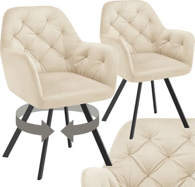 tectake® Draaistoel Fluweellook – Eetkamerstoel met Armleuningen – Ergonomische Zitting en Rugleuning – 180° Draaibaar – Moderne Stalen Poten – Set van 2 – Crème